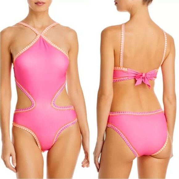 PQ Swim NWT Crochet Trim Halter Neck One Piece Swimsuit in Pink/Orange Size M - Picture 2 of 13